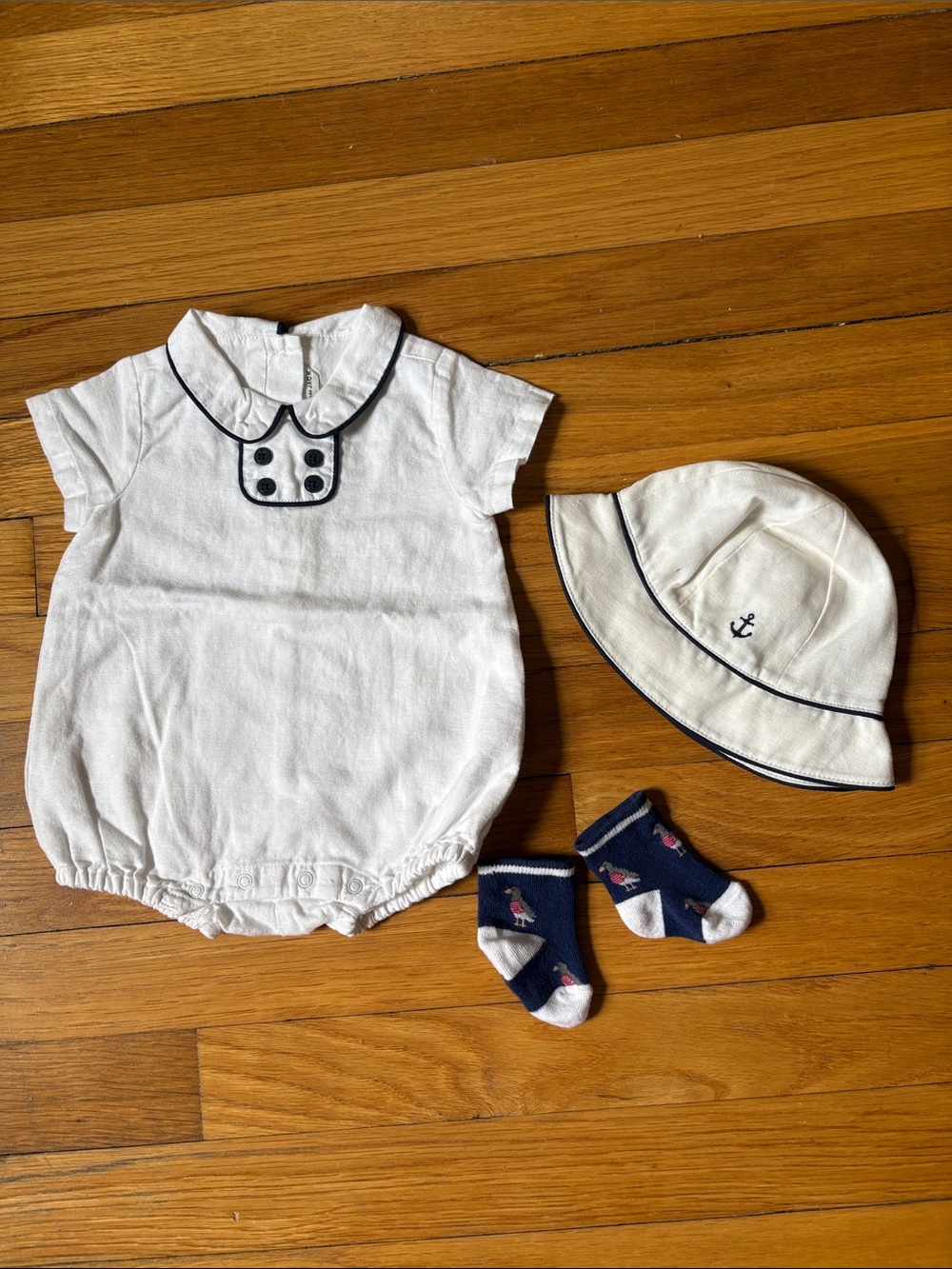 Janie and Jack White Nautical Bubble Romper Set with Navy Accents